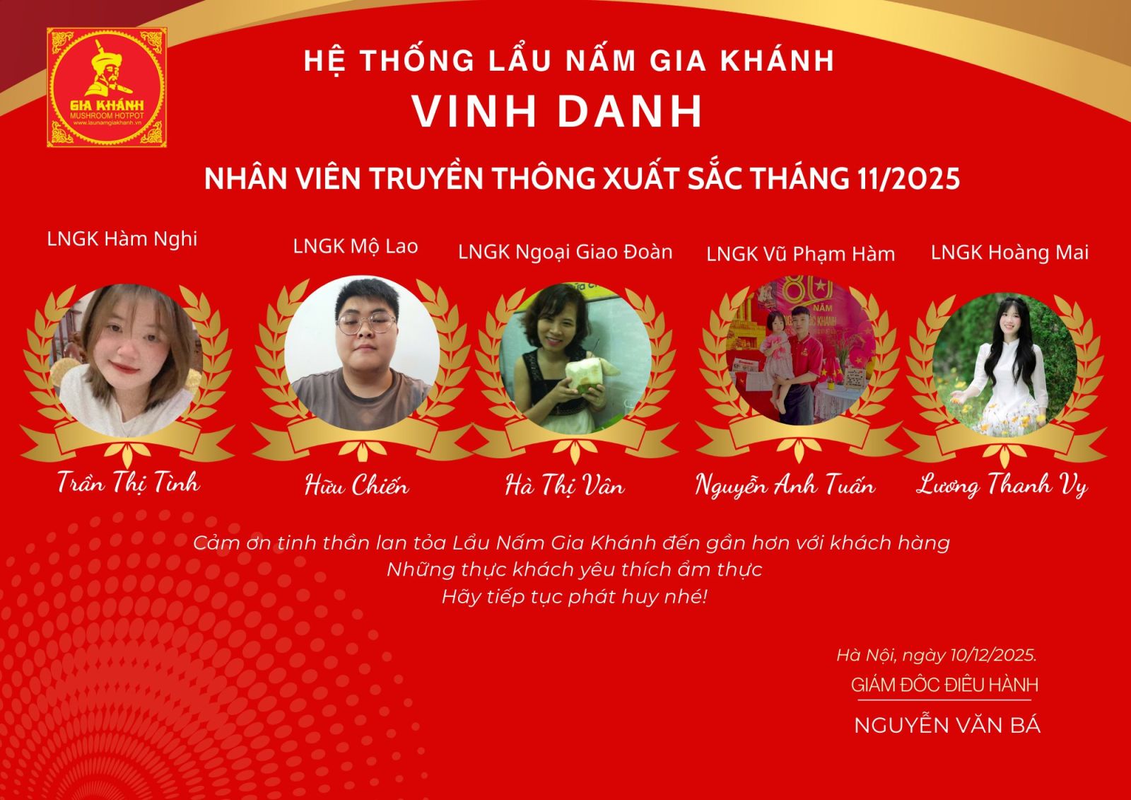 VINH DANH NHÂN SỰ THÁNG 11